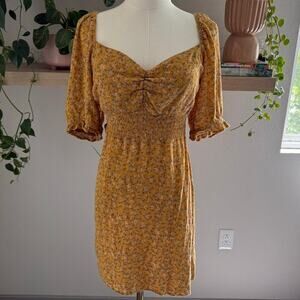 Beyond the Radar Floral Puff Sleeve Mini Dress M Mustard Yellow Cottagecore